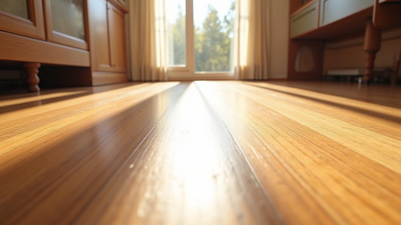 Primer plano de un suelo de madera noble impecable reflejando luz natural