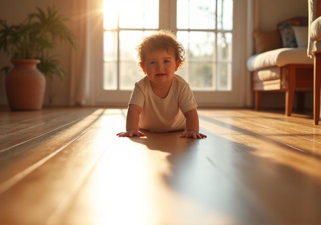 Niño pequeño jugando en un suelo de madera perfectamente limpio